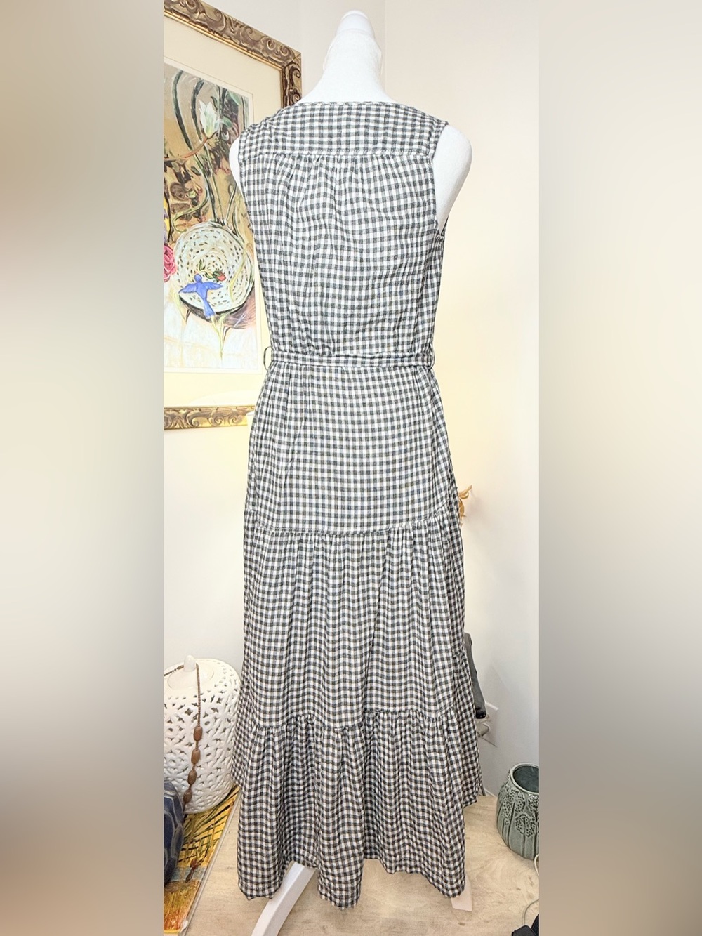 Max Studio Gingham Tiered Midi Dress XS Gray White Sleeveless Belted Cottagecore - Picture 8 of 10